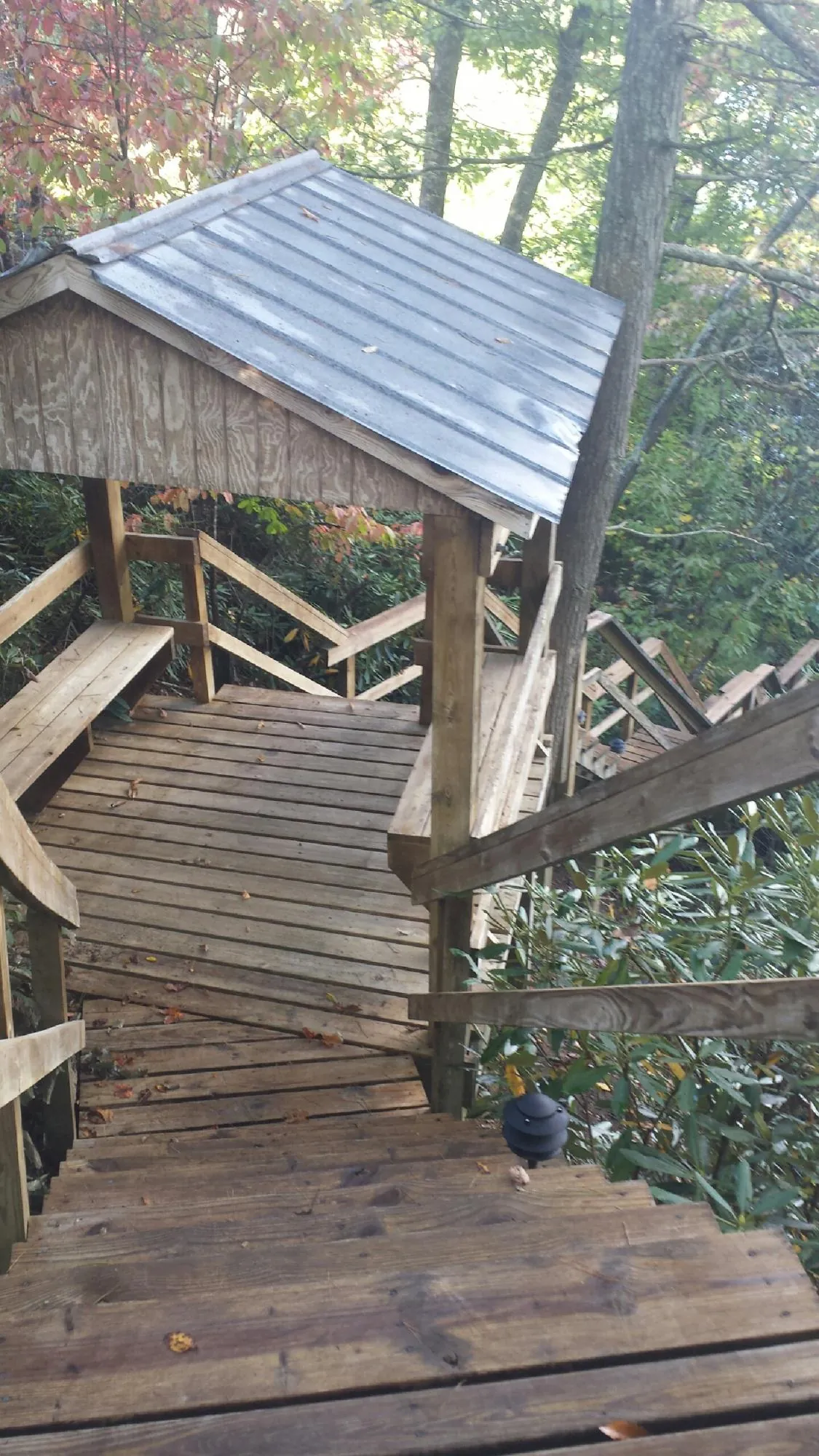 Metal roofed shelter over wooden steps on a wooded walkway — Skylight Repair & Installation work by our crew in Wickliffe